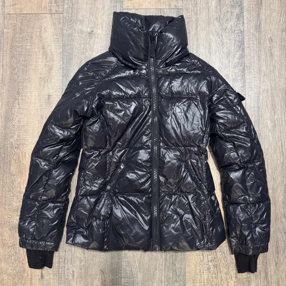 S13 Allie Shiny Black Puffer Down Jacket High Neck Funnel‎ Collar XS